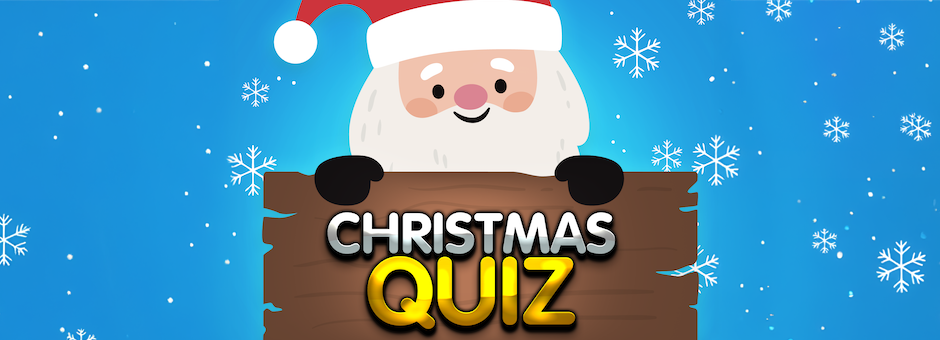 Cartoon Santa holding Christmas quiz sign